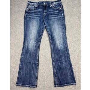 Miss Me Jeans Women's 32 Blue Denim Curvy Bootcut Whiskered Embellished Pockets